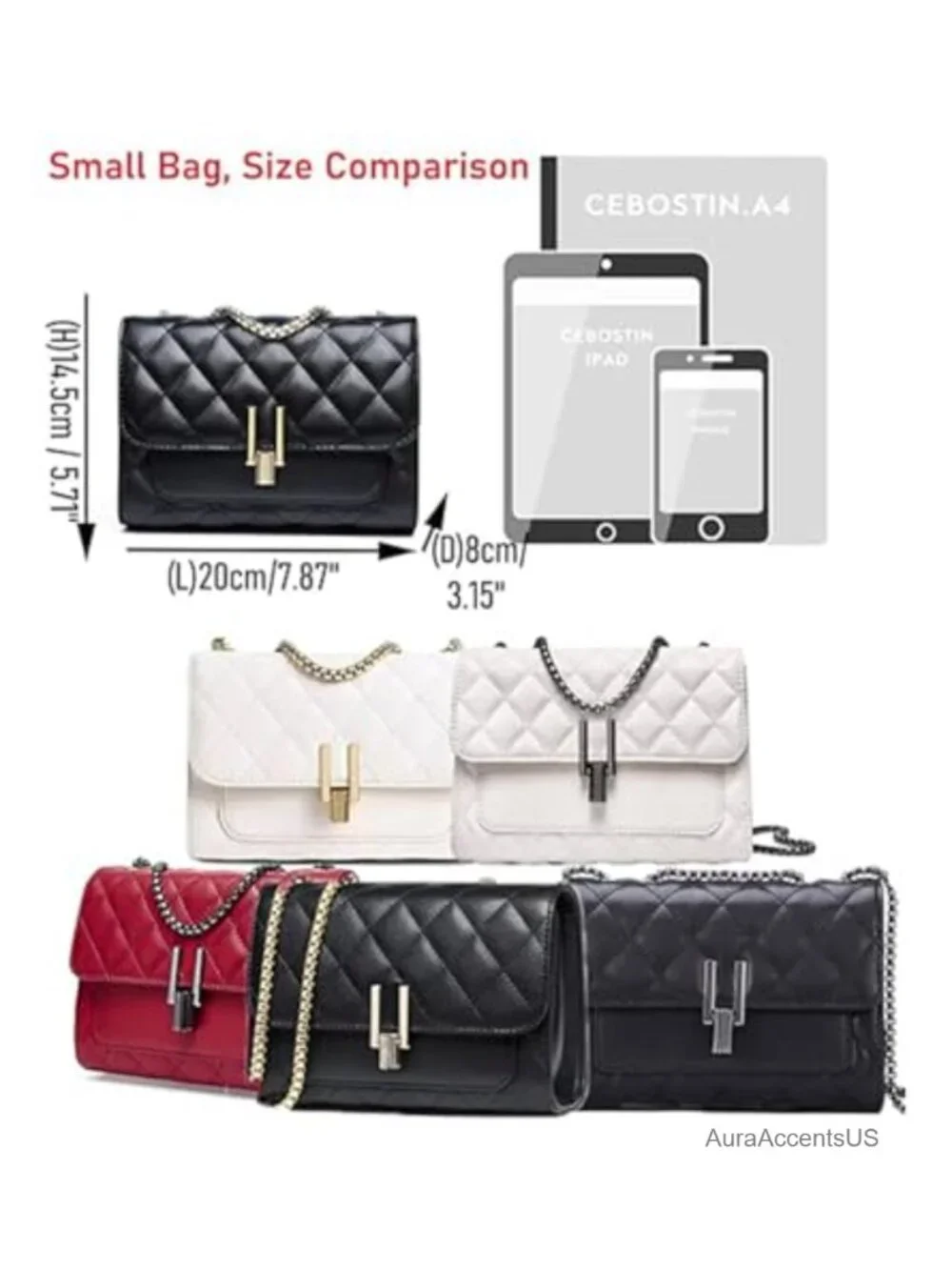 Genuine Leather Quilted Crossbody Bag Shoulder Purse Chain Strap Turn Lock